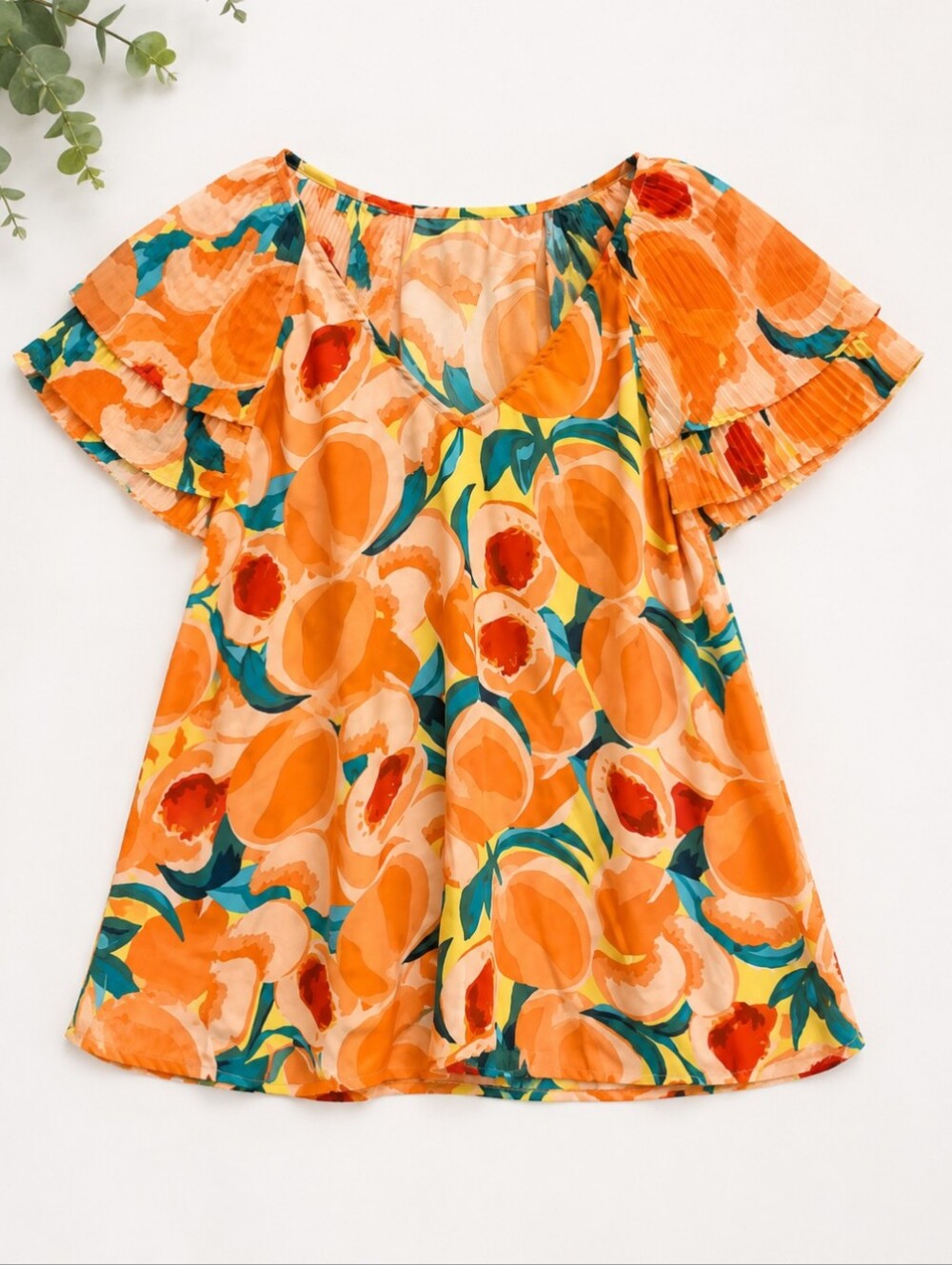 Womens Orange Floral Puff-Sleeve Top